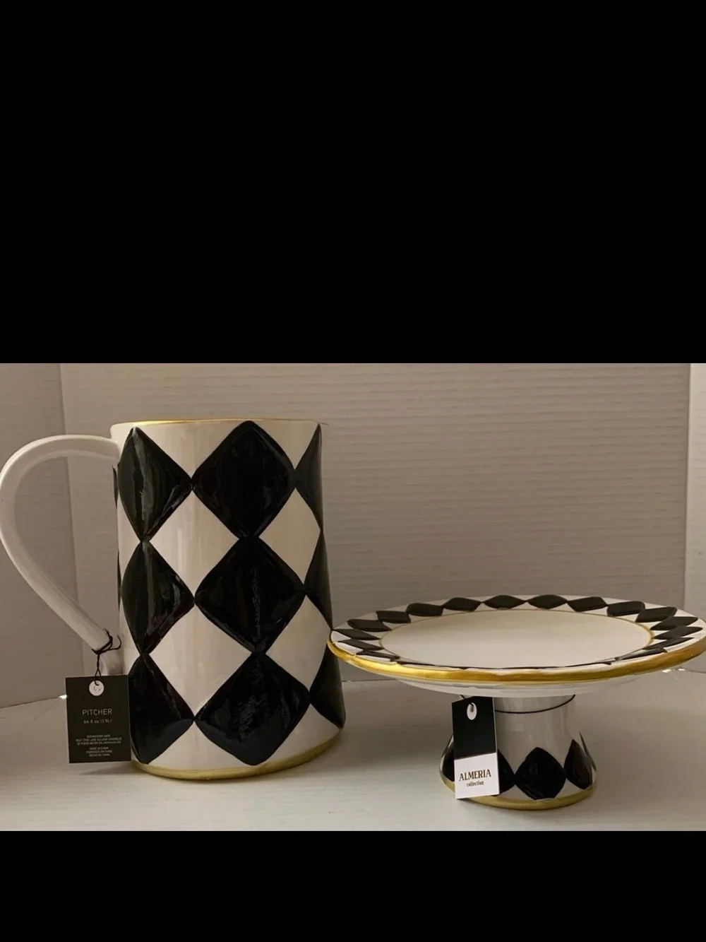 Almeria Ceramic Harlequin Checkered Cake Stand 8in Black White 64 OZ Pitcher Set